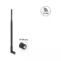 Omni kryptinė WiFi antena DELOCK 2,4 GHz RP‑SMA kištukas 7 dBi su pasukama jungtimi, juoda, 290 mm