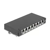 Patch panel DELOCK Mini Desktop RJ45 8 prievadų Cat.6A ekranuotas juodas ant stalo, sienos ar DIN bėgio