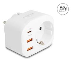 DeLOCK 11498 maitinimo adapteris su hibridiniu E/F kištuku, Type F lizdu ir USB įkrovimo prievadais, balta spalva