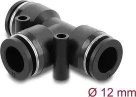 Pneumatinis T formos jungtis DELOCK 12 mm, vidinis sriegis, metalo/plastiko korpusas, 58 mm, dvi tvirtinimo angos
