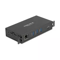 USB stotelė DELOCK 3 prievadai 5Gbps su RJ45 Gigabit PoE++ ir USB Type-C jungtimi, metalinis korpusas, 1,5 kV izoliacija, juoda