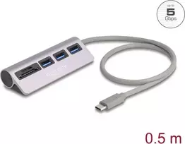 USB šakotuvas DELOCK 3 prievadai 5Gbps su SD ir microSD kortelių skaitytuvu bei USB-C jungtimi