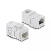 Keystone jungtis DELOCK RJ45 lizdas-lizdas Cat.6A 90° kampu UTP balta, plokščia 16,9×33,1×19,9 mm