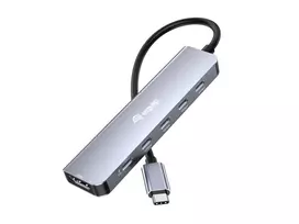 EQUIP USB-C 6 viename universalus adapteris – HDMI 4K/60Hz, 4× USB-C Gen2 (10Gbps), 100W PD, 0,25 m laidas, pilka