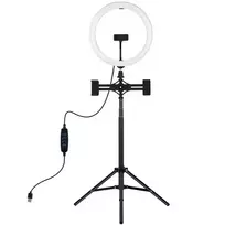 LED žiedinė šviesa 30 cm su trikoju iki 165 cm ir 3 laikikliais telefonams, USB