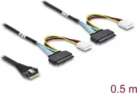 DELOCK PCIe 4.0 plonas SAS laidas SFF-8654 8i į 2× U.2 SFF-8639 lizdus su maitinimo jungtimi 0,5 m