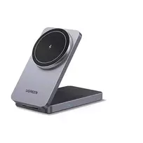 UGREEN W528 belaidis magnetinis 2-in-1 įkroviklis ausinėms ir telefonams, pilka, apsauga nuo trumpojo jungimo ir per žemos įtampos