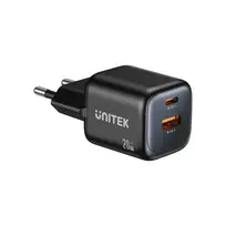 Sieninis įkroviklis Unitek P1128ABK01-EU — 2 prievadų GaN USB‑C ir USB‑A, 20 W, juodas