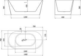 Mexen Oval laisvai stovinti vonia prie sienos 140 x 75 cm, balta/juoda, persipylimas gun gray šlifuotas - 52671407575-66, 140 x 75 cm