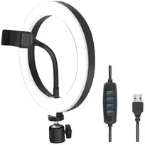 LogiLink AA0151 LED žiedinė lempa išmaniesiems telefonams, Ø 200 mm, 3 šviesos spalvos režimai, reguliuojamas ryškumas, 1/4 colio stovo sriegis, su telefono laikikliu, USB, 1,8 m laidas, juodos spalvos