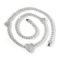 THE BLING KING Iced 3 Hearts Tennis Chain Micro Paved Out Cubic Zirconia 4mm Link Necklace Best Gift For Women Hiphop Jewelry 7inch bracelet