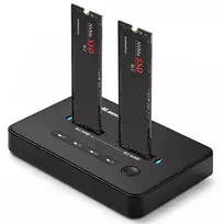 Dokavimo stotelė QOLTEC 52366 – dviejų M.2 NVMe PCIe SSD, USB-C 20Gb/s, palaiko iki 2×8TB, neprisijungus klonavimas