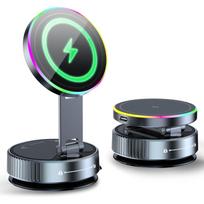 Vėsinantis belaidis įkroviklis Automobilinis telefono laikiklis su kvėpuojančiu RGB apšvietimu Magnetinis siurbimo laikiklis mobiliajam telefonui iPhone 12-17 Pro Max pilka spalva