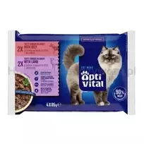 OptiVital saszetki - pilnaverčiai ėdalai suaugusioms katėms. Su ėriena ir jautiena 4x85g