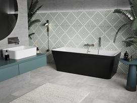 Mexen Volta laisvai stovinti prie sienos pastatoma vonia 150 x 75 cm, balta/juoda, šepečiu valytas nikelis - 51131507575-97
