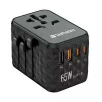Verbatim UTA-05 65W GaN III Universalus kelioninis adapteris su 2x USB-C PD & QC 4+ ir 2x USB-A prievadais