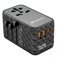 Verbatim UTA-06 100W GaN III Universalus kelioninis adapteris su 2 x USB-C PD & QC 4+ ir 2 x USB-A QC 3.0 prievadais