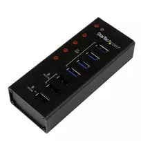 StarTech.com 4 prievadų USB 3.0 šakotuvas su 3 USB įkrovimo prievadais (2 x 1A ir 1 x 2A) – montuojamas ant sienos metaliniame korpuse