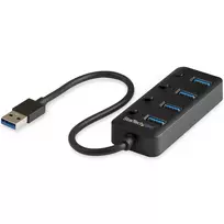 StarTech.com 4 prievadų USB 3.0 šakotuvas – USB-A į 4x USB 3.0 Type-A su atskirais įjungimo/išjungimo mygtukais – SuperSpeed 5Gbps USB 3.1/3.2 Gen 1 – maitinamas per USB – nešiojamas – 25 cm pritvirtintas kabelis