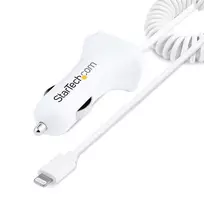 StarTech.com automobilinis įkroviklis su susuktu Lightning kabeliu, 1 m, 12 W, baltas, 2 USB prievadai