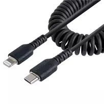 StarTech.com 1m USB C į Lightning laidas, susukamas, MFi sertifikuotas, juodas, tvirtas TPE apvalkalas su aramido pluoštu