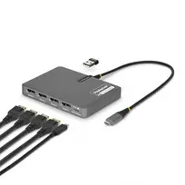 StarTech.com USB-C į keturių monitorių darbo stoties adapteris, 4K 60Hz DisplayPort, 140W PD perdavimas nešiojamojo kompiuterio įkrovimui, USB prievadas belaidžiai klaviatūrai / pelei, TAA