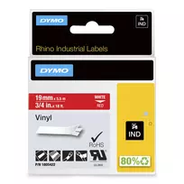 DYMO Rhino pramoninės vinilinės etiketės | 19 mm x 5,5 m | Baltas spaudinys ant raudono | Lipnios | Skirtos Rhino ir LabelManager etikečių spausdintuvams
