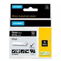 DYMO Rhino pramoninės vinilo etiketės | 19 mm x 5,5 m | Baltas šriftas ant juodo | Lipnios | Skirtos LabelManager ir Rhino etikečių spausdintuvams