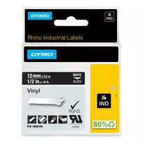 DYMO Rhino pramoninės vinilo etiketės | 12 mm x 5,5 m | Baltas spaudinys ant juodo | Lipnios | Skirtos LabelManager ir Rhino etikečių spausdintuvams