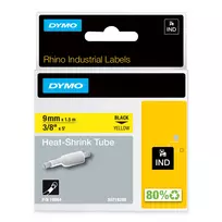DYMO Rhino pramoniniai termosusitraukiantys kabelių etikečių vamzdeliai | 9 mm x 1,5 m | juoda ant geltonos | Rhino etikečių spausdintuvams