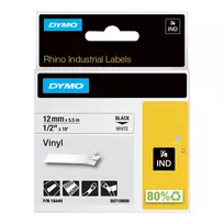 DYMO Rhino pramoninės vinilo etiketės | 12 mm x 5,5 m | Juodas spaudinys ant baltos | Lipnios | skirtos Rhino ir LabelManager etikečių spausdintuvams
