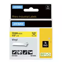 DYMO Rhino Industrial vinilinės etiketės | 12 mm x 5,5 m | juodas spaudinys ant geltono | lipnios | skirta Rhino ir LabelManager etikečių spausdintuvams