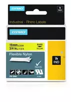 DYMO Rhino pramoninė lanksti nailono juosta | 19 mm x 3,5 m | Juodas spausdinimas ant geltonos | Lipni | skirta Rhino ir LabelManager etikečių spausdintuvams