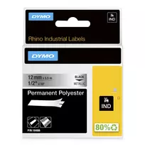 DYMO Rhino Industrial nuolatinės poliesterio etiketės | 12mm x 5,5m | juodas spausdinimas ant metalinio | skirta Rhino ir LabelManager etikečių spausdintuvams