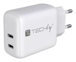 Techly IPW-USB-2C35W sieninis įkroviklis nešiojamam kompiuteriui, išmaniajam telefonui, planšetei, baltas, AC, greitasis įkrovimas, vidaus naudojimui