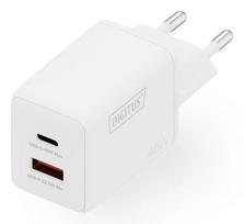 Sieninis įkroviklis DIGITUS USB GaN 45W – 1× USB-C, 1× USB-A, įėjimas 100–240V, baltas