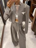 Women's European Striped Suit: Casual Jacket & Wide-Leg Pants Set XL pilka spalva