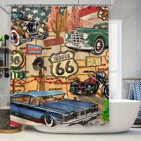 Vintažinė dušo užuolaida automobilių tema „Route 66“ vonios dekoravimui pikselių meno stiliaus retro dizainas su klasikiniu amerikietišku automobiliu 90x180cm white