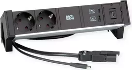 Bachmann DESK2 ALU BLACK – stalo maitinimo modulis su 2x CEE7/3 lizdais, 1,0 m laidu, 22 W USB įkrovikliu