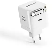 RealPower GaN Įkroviklis 65W, 65 vatų, du USB-C prievadai, baltas