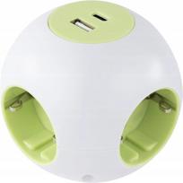 REV PowerGlobe 4 krypčių kištukinis lizdas su USB prievadais, baltas, 1,4 m laidas
