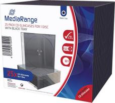 Plonas CD dėklas MediaRange BOX32-25 – vieno disko plastikinis dėklas su juodu padėklu, pakuotė po 25 vnt.