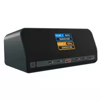 IcyBox 11 viename doko stotelė su Power Delivery įkrovimo prievadais ir dideliu LCD ekranu, su 160 W GaN įkrovimo adapteriu