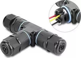 Delock T-Shape Cable Connector 3-Pin Clamp Terminal IP68 Waterproof for Cable Diameter 5-9 mm incl. Seals for 9-12 mm, Tool-Free, Black (87244)