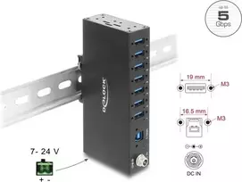 Delock Industrial Hub 7 x USB 5Gbps Type-A su 8 kV ESD apsauga ir DIN bėgio montavimu