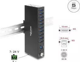 Delock pramoninis USB centras 10 x USB 5Gbps Type-A su 8 kV ESD apsauga ir DIN bėgio tvirtinimu (60792)