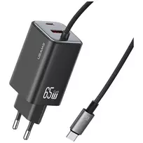 USAMS JC Series CC266 65W GaN greitasis įkroviklis su įmontuotu USB-C laidu, juodas