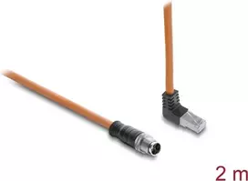 Delock M12 X-coded 8-pin Male Straight to RJ45 Male Upward Angled S/FTP Shielded Cat.6A Patch Cable 2 m Orange