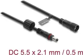 Delock DC ilginimo laidas 5,5 x 2,1 mm kištukas į lizdą su M12 x 1,75 mm sraigtiniu fiksatoriumi, vandeniui atsparus, 18 AWG, 0,5 m, juodas