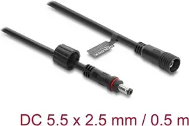 Delock DC ilginimo laidas 5.5 x 2.5 mm kištukas į lizdą su sraigtiniu fiksatoriumi M12 x 1.75 mm, vandeniui atsparus, 18 AWG, 0,5 m, juodas (67385)